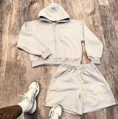 Custom Unisex Sweatsuits Cotton Jogger Suits 2 Piece Set Patchwork Screen Print Plain Baggy Tracksuit for Men Hoodie Short Set