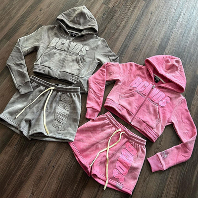 Women Distressed Two Piece Hoodie Set Cotton Tracksuits Embroidery Patch Sweatsuits Sun Faded Cropped Hoodie and Shorts Set