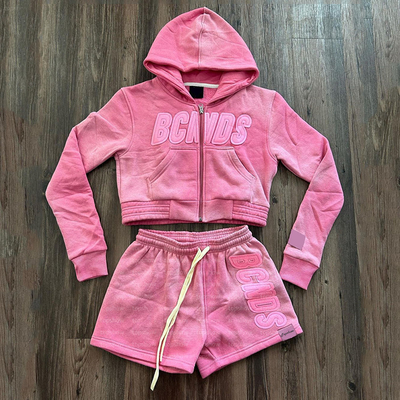 Women Distressed Two Piece Hoodie Set Cotton Tracksuits Embroidery Patch Sweatsuits Sun Faded Cropped Hoodie and Shorts Set