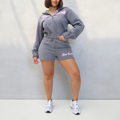 Custom Puff Print logo Women Two Piece Hoodie Set Cotton Tracksuits Sweatsuits Sun Faded Cropped Hoodie and Short Set