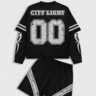 Custom Long Sleeve Double Layer t Shirt Screen Print Jersey Summer Short Set Stripe Mesh Jersey Boxy Crop Tshirt and Shorts Set