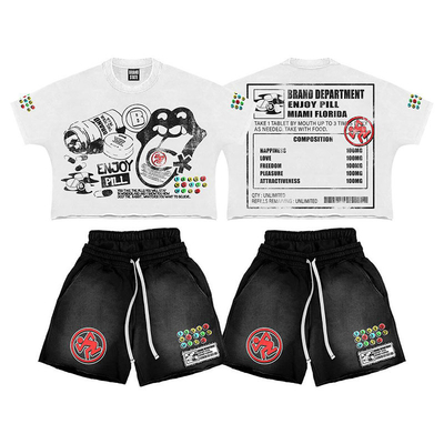 comprar Custom Vintage Short Set Impressão de lavagem por ácido camisetas de caixa camisetas de cintura de camisa dupla camisetas Dtg Impressão de cultivo camisa e shorts conjunto online manufacture