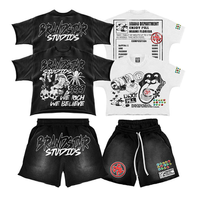Custom Vintage Short Set Acid Wash Print Boxy T Shirts Double Layer Waist Shorts T-Shirt Dtg Print Crop Tshirt and Shorts Set