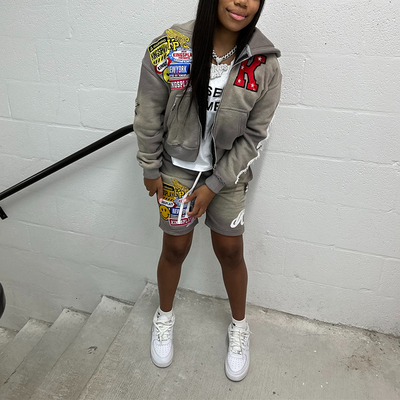 Custom Distressed Embroidery Patch Hoodie Vintage Acid Wash 2 Piece Women Summer Suits Jogging Cropped Hoodie and Short Set