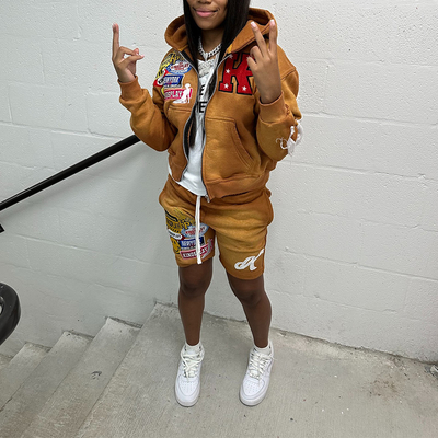 Custom Distressed Embroidery Patch Hoodie Vintage Acid Wash 2 Piece Women Summer Suits Jogging Cropped Hoodie and Short Set