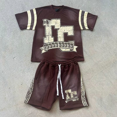 Clothing Manufacturer Custom Streetwear Summer Graphic 100% Cotton Oversized Acid Wash Shorts and t Shirt 2 Piece Set for Men