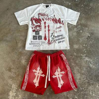 Clothing Manufacturer Custom Streetwear Summer Graphic 100% Cotton Oversized Acid Wash Shorts and t Shirt 2 Piece Set for Men