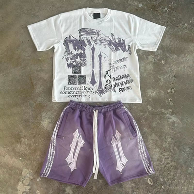 Clothing Manufacturer Custom Streetwear Summer Graphic 100% Cotton Oversized Acid Wash Shorts and t Shirt 2 Piece Set for Men