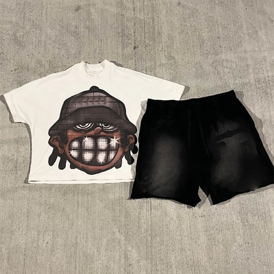Summer Screen Print Logo Tee Acid Washed Vintage Cotton Shorts Streetwear Joggers Suits Tshirt and Shorts Set Men Custom Logo