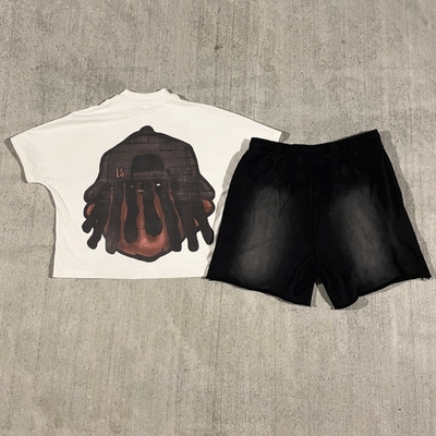 Summer Screen Print Logo Tee Acid Washed Vintage Cotton Shorts Streetwear Joggers Suits Tshirt and Shorts Set Men Custom Logo