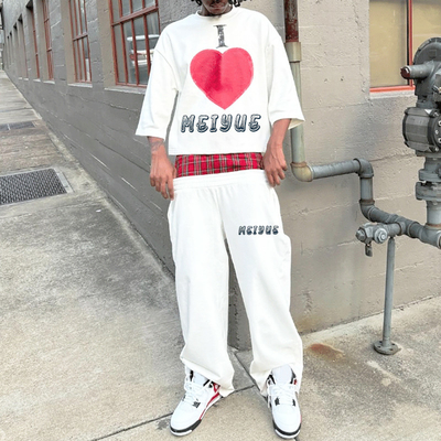 Oem Crop Screen Print T Shirt Drop Shoulder Boxy Tee Double Waist Baggy Sweat Pants Summer Streetwear Sweatpants and Tshirt Set