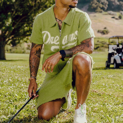 Custom Logo Knitted Mohair Polo Shirt Unisex Shorts Set Men Summer Mohair Zip up Shirts Streetwear Shorts T Shirt and Short Set