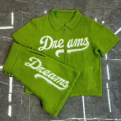 Custom Logo Knitted Mohair Polo Shirt Tracksuit Sweatsuits Unisex Shorts Set Men Summer Mohair Zip up Shirts Shorts Short Set
