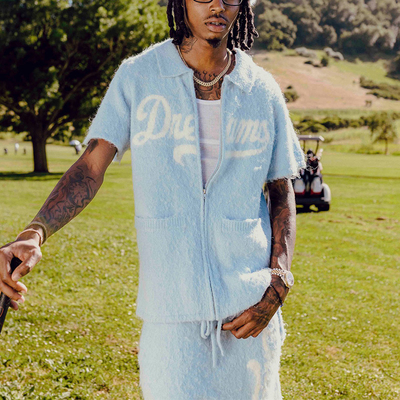 Custom Logo Knitted Mohair Polo Shirt Tracksuit Sweatsuits Unisex Shorts Set Men Summer Mohair Zip up Shirts Shorts Short Set