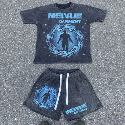 Custom Streetwear Summer Acid Wash Vintage Boxy Heavyweight Two Piece Shorts Suit Screen Printing Tee T Shirt and Shorts Set