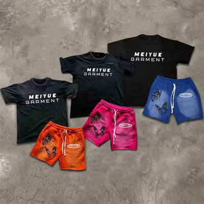 kaufen Custom Streetwear Boxy Heavyweight Zwei-Stücke-Kurz-Set Bildschirmdruck Tee Bedrängte Säure Waschen Vintage T-Shirt und Shorts Set online manufacture