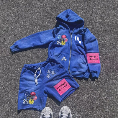 Custom Zip up Jacket Acid Wash Vintage Zipper Hoodie Sun Faded Shorts Sweatsuits Unisex Sets Zip up Hoodie and Short Jogger Set