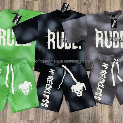 Summer Applique Embroidered Distressed Patch Hoodie Acid Wash Vintage Tshirt Shorts Set 2 Piece Short Set for Men Custom Logo