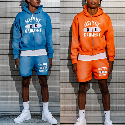 Custom Acid Wash Cropped Hoodie Vintage Shorts Track Suit Sun Faded Shorts Zip up Screen Print Hoodies and Short Set for Men