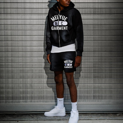 Custom Acid Wash Cropped Hoodie Vintage Shorts Track Suit Sun Faded Shorts Zip up Screen Print Hoodies and Short Set for Men