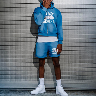 Custom Acid Wash Cropped Hoodie Vintage Shorts Track Suit Sun Faded Shorts Zip up Screen Print Hoodies and Short Set for Men