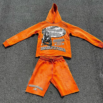 Custom Vintage Sun Faded Hoodie and Short Sets Tracksuit Raw Hem Jogger Sweatsuit Cut Edge Acid Wash Hoodies and Shorts Set Men