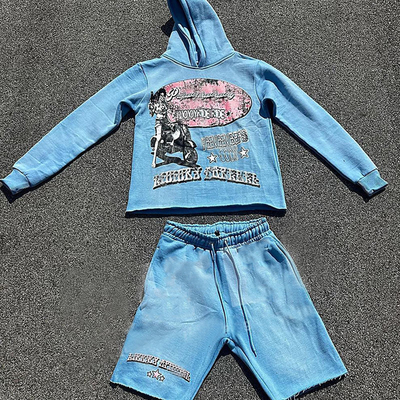 Custom Vintage Sun Faded Hoodie and Short Sets Tracksuit Raw Hem Jogger Sweatsuit Cut Edge Acid Wash Hoodies and Shorts Set Men