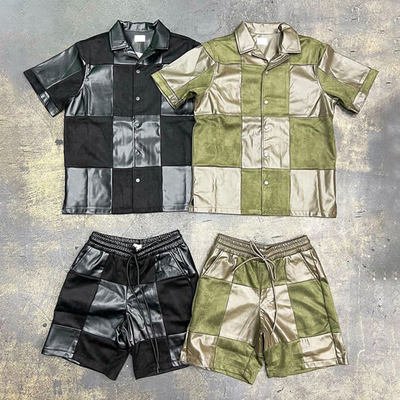 Custom Summer Jogging Suits Two Piece Splice Leather Short Jacket Set High Quality Suede Fabric and Leather Tracksuit Men