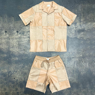 Custom Summer Jogging Suits Two Piece Splice Leather Short Jacket Set High Quality Suede Fabric and Leather Tracksuit Men