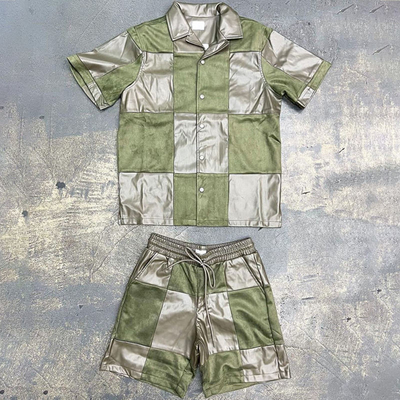 Custom Summer Jogging Suits Two Piece Splice Leather Short Jacket Set High Quality Suede Fabric and Leather Tracksuit Men
