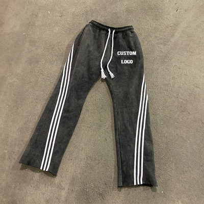 Custom Heavyweight Cotton Stacked Pants Striped Mens Wide Leg Acid Wash Applique Embroidery Patches Sweatpants With Stripe