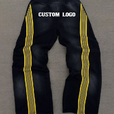 Custom Flared Baggy Stacked French Terry Striped Mens Wide Leg Acid Wash Applique Embroidery Patches Sweatpants With Stripe