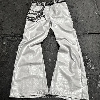 Custom Leather Flare Wide Leg Sweat Pants Baggy Men Joggers Track Zip up Cargo Streetwear Loose Sweatpants With Zipper Side