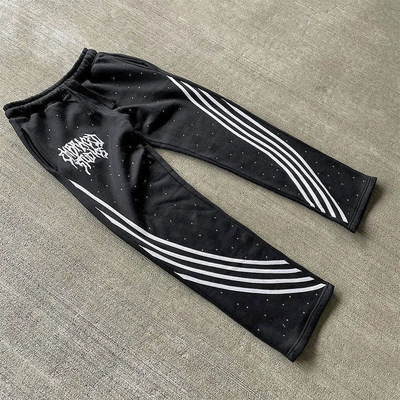 Custom Rhinestone Acid Stone Wash Stripe Distressed Embroidered Vintage Track Sweat Pant Acid Washed Mens Baggy Sweatpants