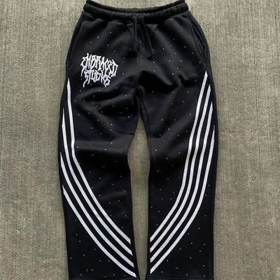 Custom Rhinestone Acid Stone Wash Stripe Distressed Embroidered Vintage Track Sweat Pant Acid Washed Mens Baggy Sweatpants