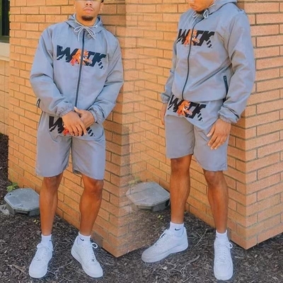 Custom Embroidery logo Two Piece Set Patchwork Zip up Nylon Polyester Streetwear Tracksuit Men Windbreaker Short Sets for Men