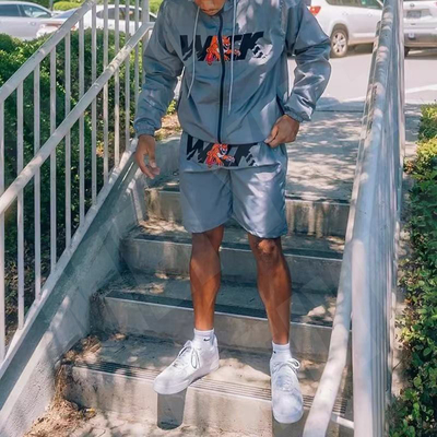 Custom Embroidery logo Two Piece Set Patchwork Zip up Nylon Polyester Streetwear Tracksuit Men Windbreaker Short Sets for Men