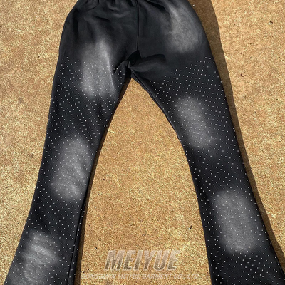 Custom Acid Stone Wash Applique Distressed Embroidered Vintage Track Sweat Pant Acid Washed Mens Baggy Rhinestone Sweatpants