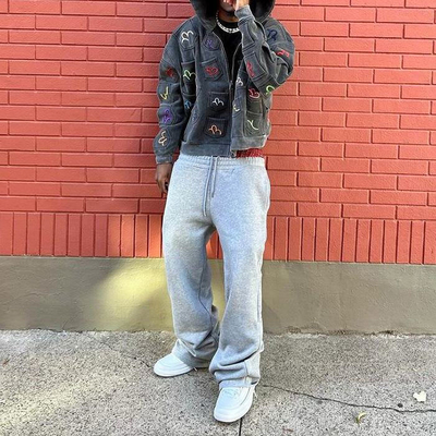 Custom Supplier Loose Cotton Fit Plain Straight Wide Leg Baggy Sweat Pants Men Print Logo French Terry Double Waist Sweatpants