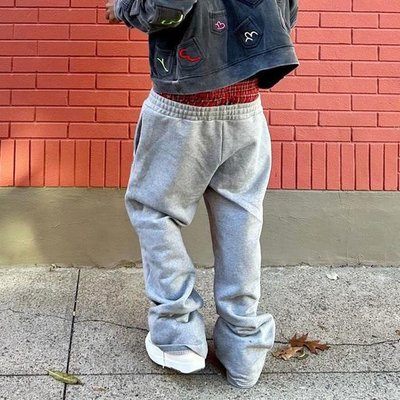Custom Supplier Loose Cotton Fit Plain Straight Wide Leg Baggy Sweat Pants Men Print Logo French Terry Double Waist Sweatpants