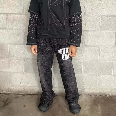 Custom Rhinestone Sweatpants Vintage Sun Faded Acid Wash Sweatpants Puff Printing
