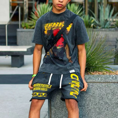 Streetwear Summer 100 Cotton Tracksuit Shorts Set Mens  Screen Printing Heavyweight