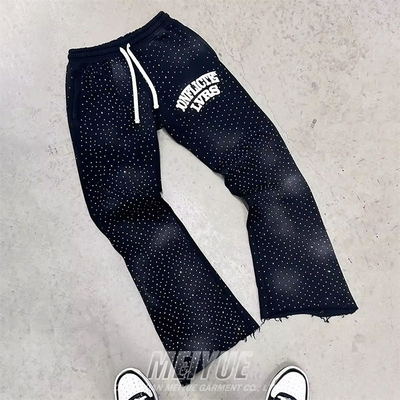 Custom Rhinestone Streetwear Trousers Vintage French Terry Flare Sweat Pants Jogger Acid Washed Sun Faded Flared Sweatpants Men