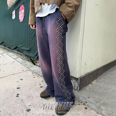 Custom Rhinestone Logo Joggers Heavyweight Cotton Baggy Sweatpants Mens Distressed Sun Faded Acid Wash Vintage Track Sweat Pants