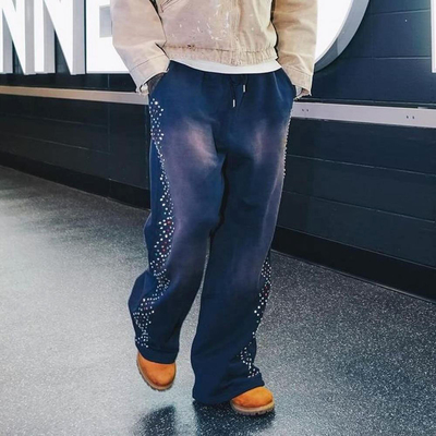 Custom Rhinestone Logo Joggers Heavyweight Cotton Baggy Sweatpants Mens Distressed Sun Faded Acid Wash Vintage Track Sweat Pants