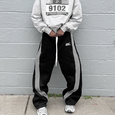 Custom Jogger Logo Street Wear Sweat Track Pants Men Heavyweight French Terry Oversized Wide Leg Striped Baggy Sweatpants