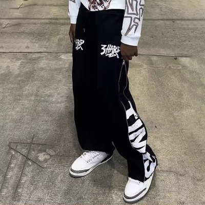 Custom Logo Silk Screen Printing Letter Zipper Zip up Side Cotton French Terry Baggy Wide Leg Sweat Pants Flare Sweatpants Men