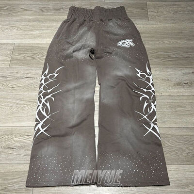 kaufen Custom Vintage Säure Waschen Sonne Verblasste Flared Schweiß Breite Beine Hohe Taille Spur Hosen Stickerei Strass übergroße Baggy Sweatpants Online-Herstellung