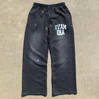 Custom Manufacturer Heavyweight Oversized Man Sun Faded Vintage Track Sweat Pant Acid Washed Mens Baggy Rhinestone Sweatpants