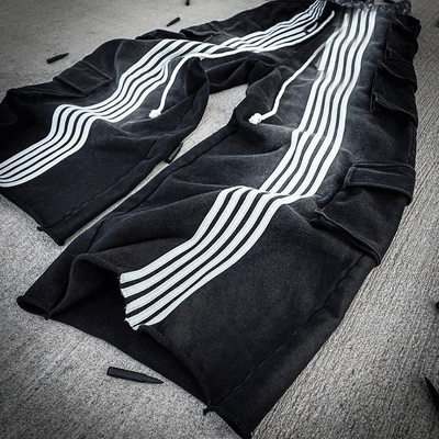 Custom Logo Embroidery Double Layer Waist Track Pants Oversized Baggy Cargo Striped Sweat Jogger Pants Flared Sweatpants for Men